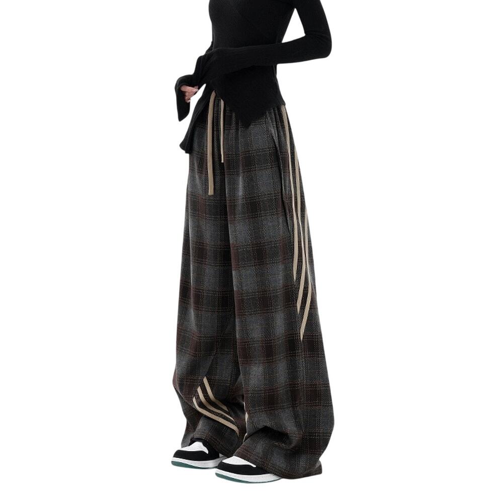NWT! Fibflx (S) Baggy Plaid Wide Leg Pants Drawstring Patchwork Stripe Trouser